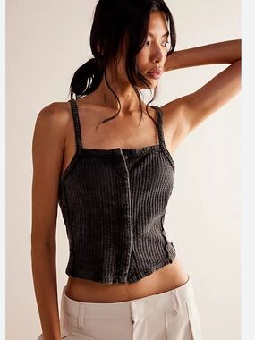 We The Free Bella Black Waffle-Knit snap front tank top size XS